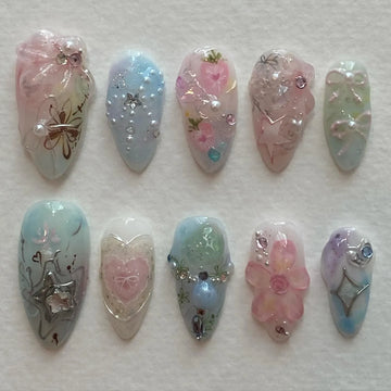 Handmade Pastel Rainbow Pink Blue Star Floral Bling Fairycore Press on Nails P11