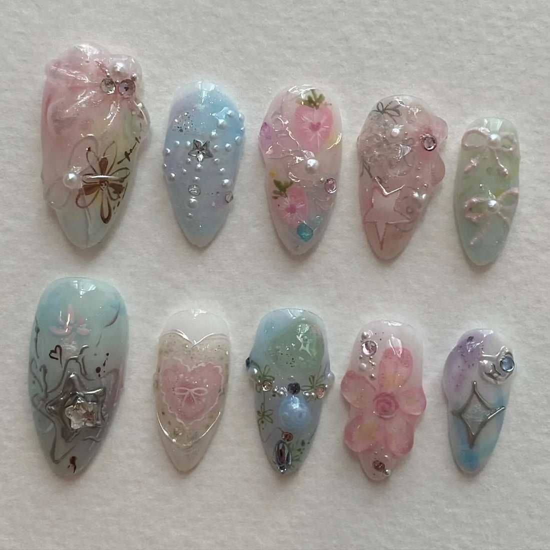 Handmade Pastel Rainbow Pink Blue Star Floral Bling Fairycore Press on Nails P11