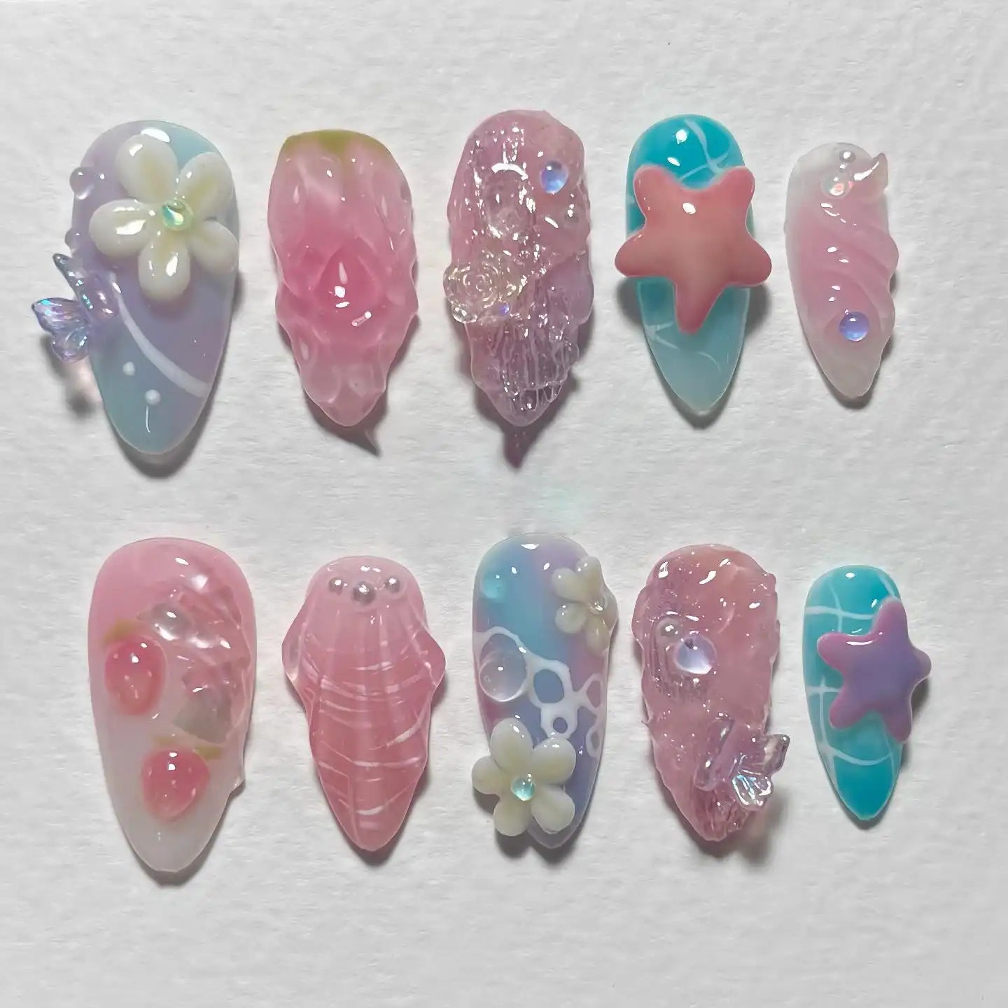 Handmade Pastel Sea Shell Starfish Flower Ocean Press on Nails Z02