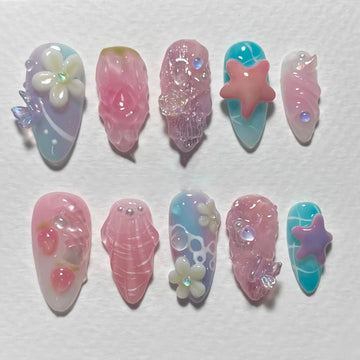 Handmade Pastel Sea Shell Starfish Flower Ocean Press on Nails Z02