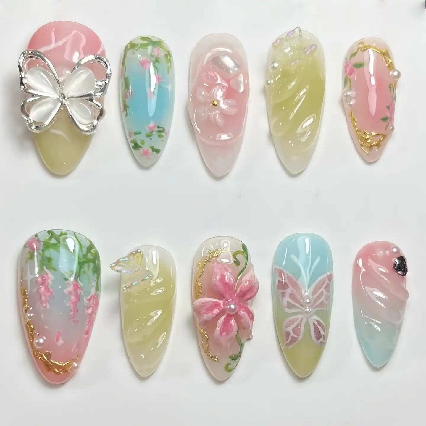 Handmade Pastel Spring Garden Flower Butterfly Pearl Fake Nails P33