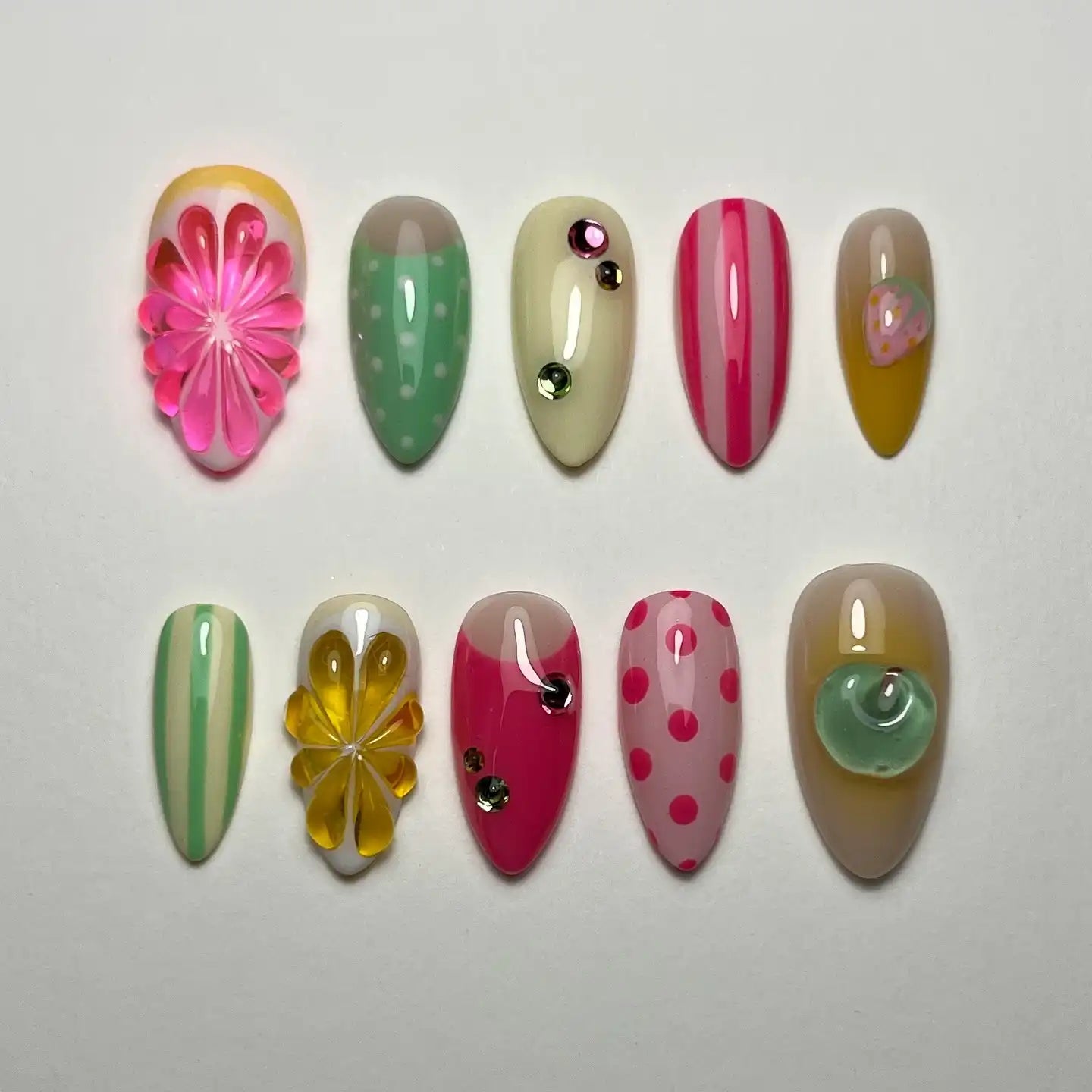 Handmade Pastel Stripe Citrus Polka Dot Summer Press on Nails G22