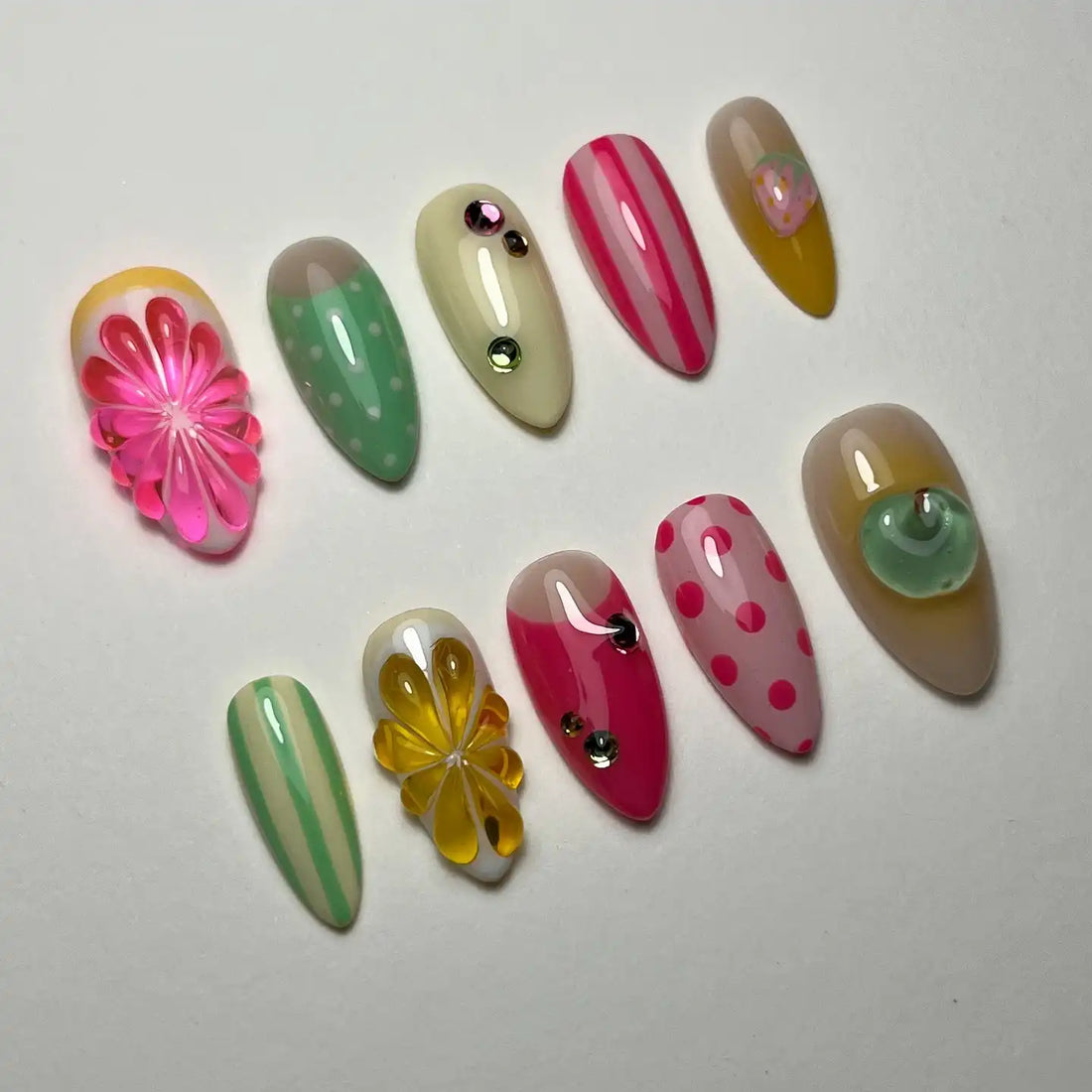 Handmade Pastel Stripe Citrus Polka Dot Summer Press on Nails G22