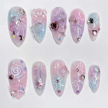 Handmade Pastel Swirl Star Bow Heart Shimmer Fairycore Press on Nails O92