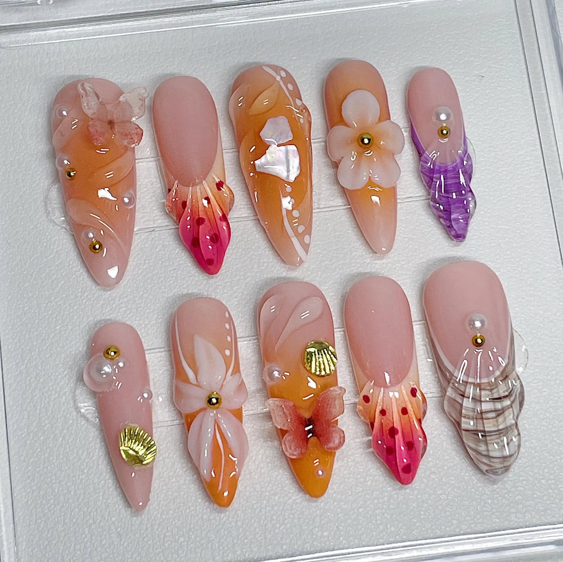 Handmade Peach Butterfly Shell Flower Gold Pearl Beach Art Press on Nails T46