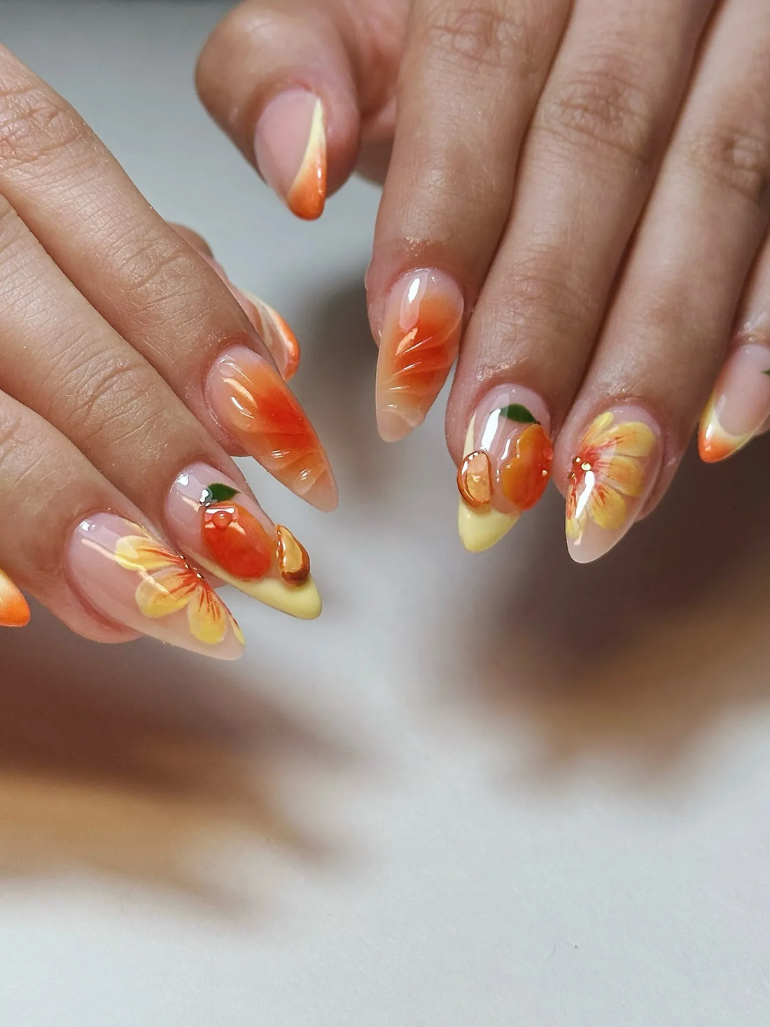 Handmade Peach Fruit 3D Floral Orange French Tip Artistic Press on Nails R40