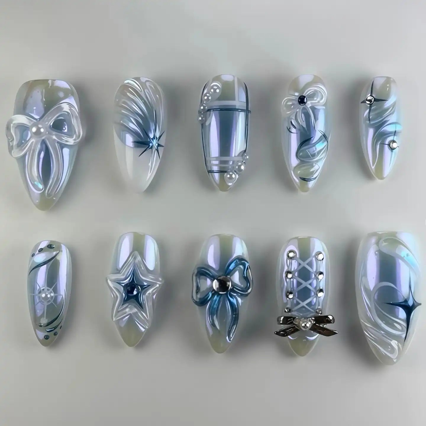 Handmade Pearl Blue Bow Star Ribbon 3D Iridescent Cute Press on Nails M31