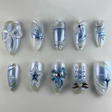 Handmade Pearl Blue Bow Star Ribbon 3D Iridescent Cute Press on Nails M31