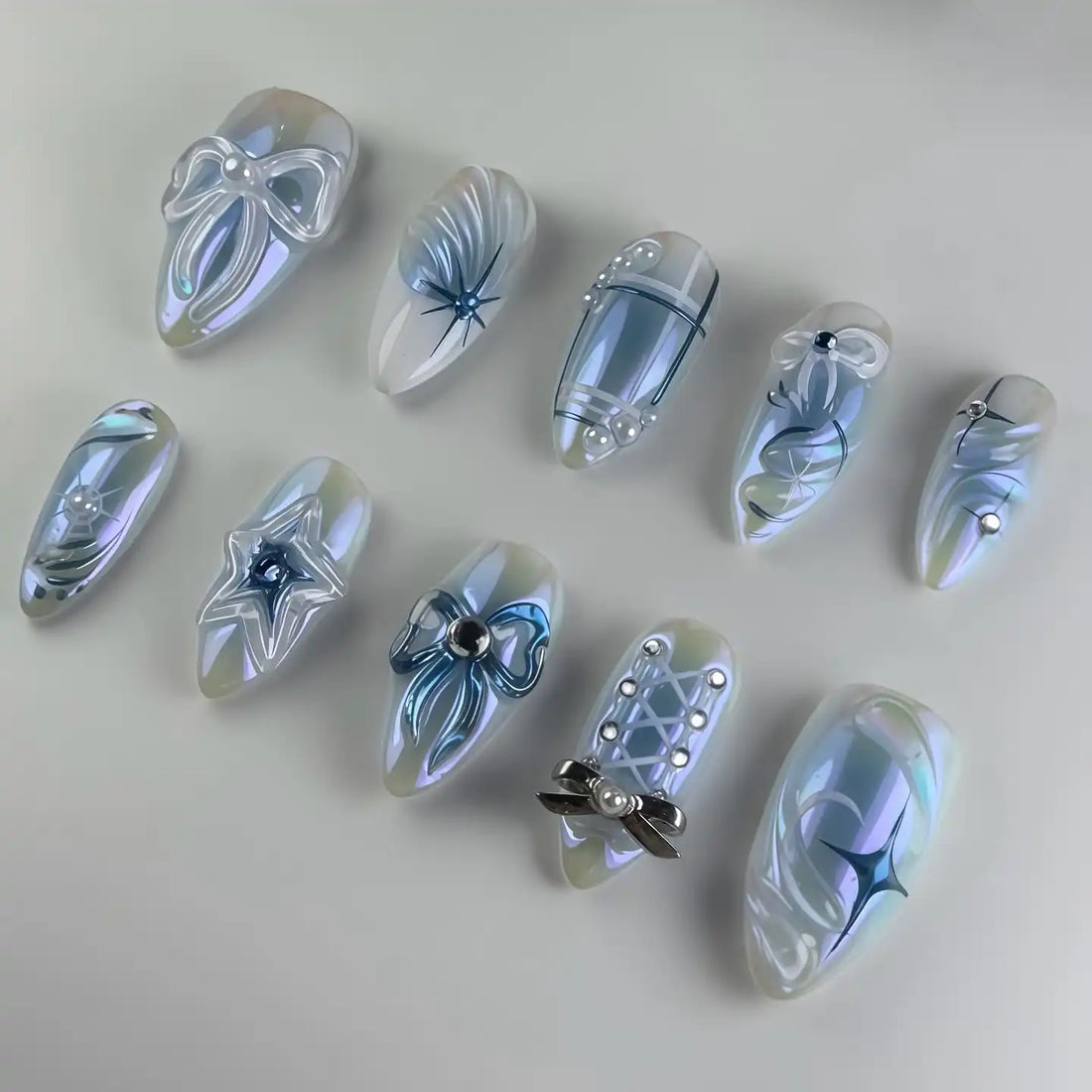 Handmade Pearl Blue Bow Star Ribbon 3D Iridescent Cute Press on Nails M31