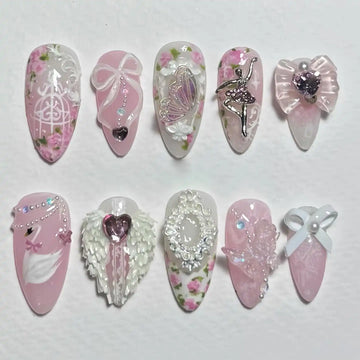 Handmade Pink Ballerina Swan Butterfly Floral Elegant Press on Nails U02