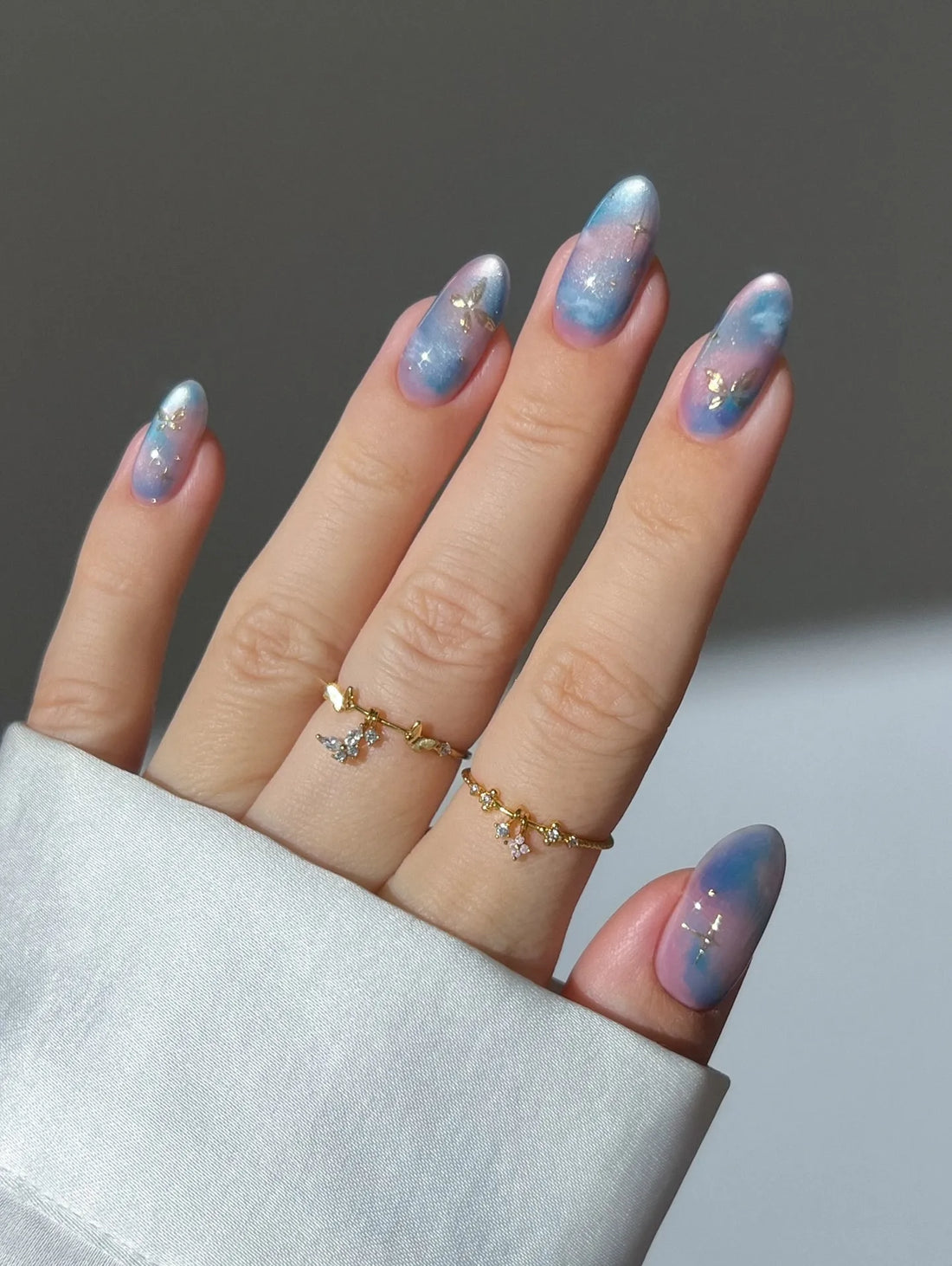 Handmade Pink Blue Cloud Sky Ombre Galaxy Gold Foil Press on Nails C98