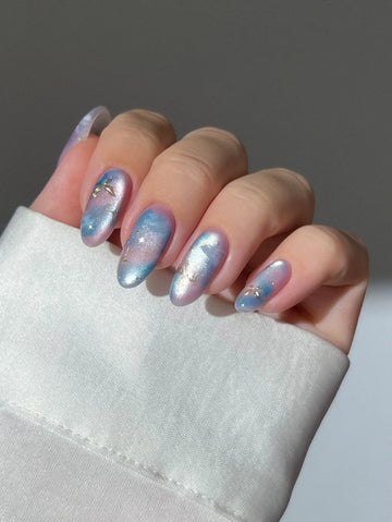 Handmade Pink Blue Cloud Sky Ombre Galaxy Gold Foil Press on Nails C98