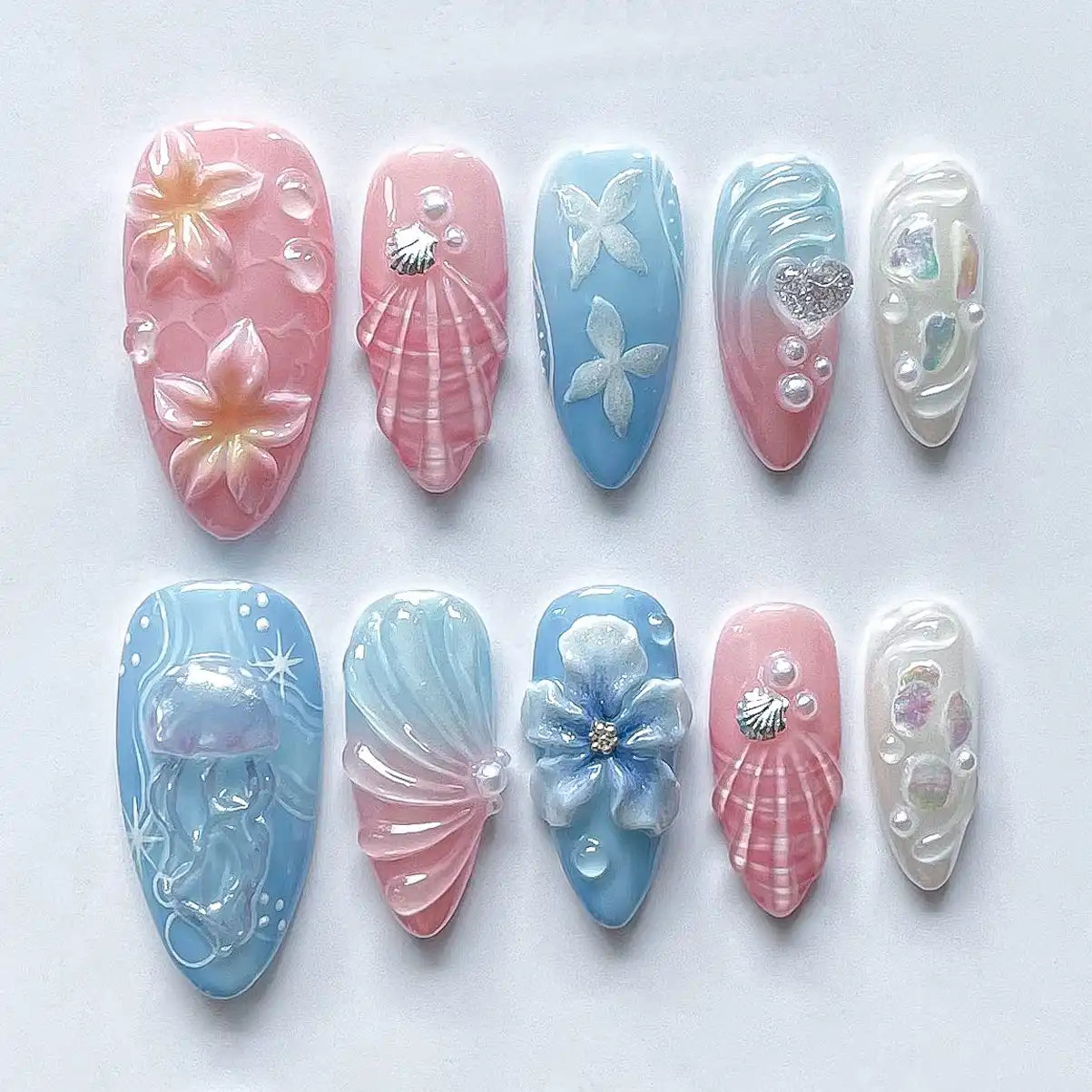 Handmade Pink Blue Jellyfish Seashell Floral Mermaid Press on Nails V50