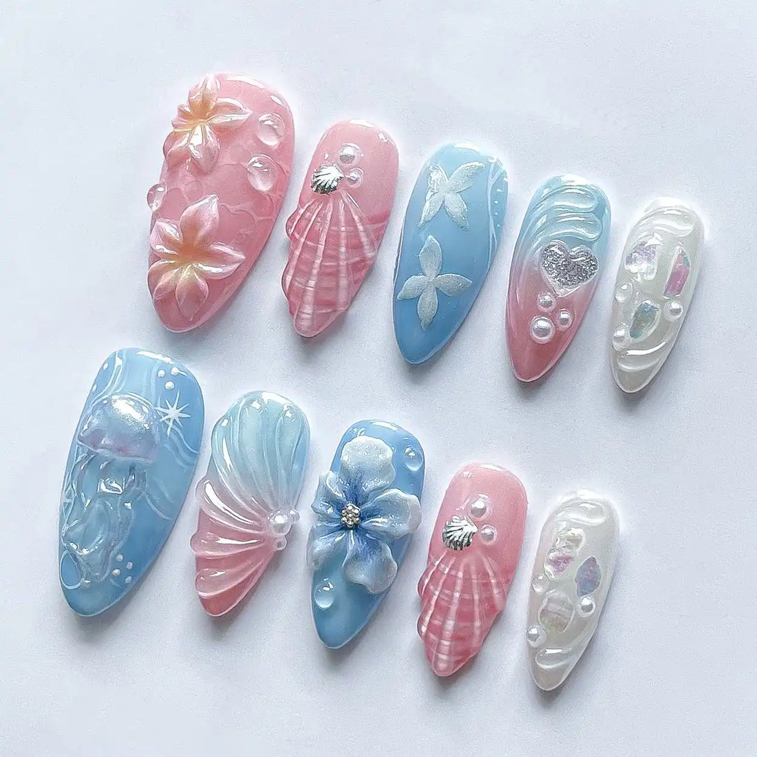 Handmade Pink Blue Jellyfish Seashell Floral Mermaid Press on Nails V50