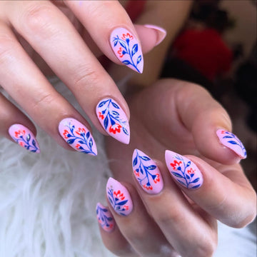 Pink Blue and Red Folk Floral Hand Painted Art Press on Nails C45