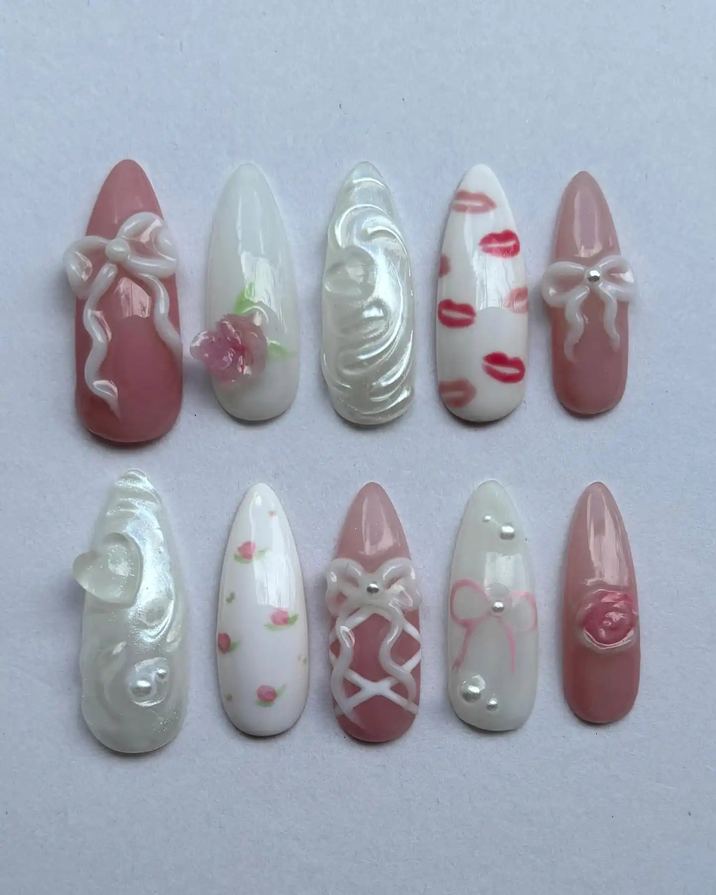 Handmade Pink Bow Rose Lip Print Lace Heart Romance Art Press on Nails F02