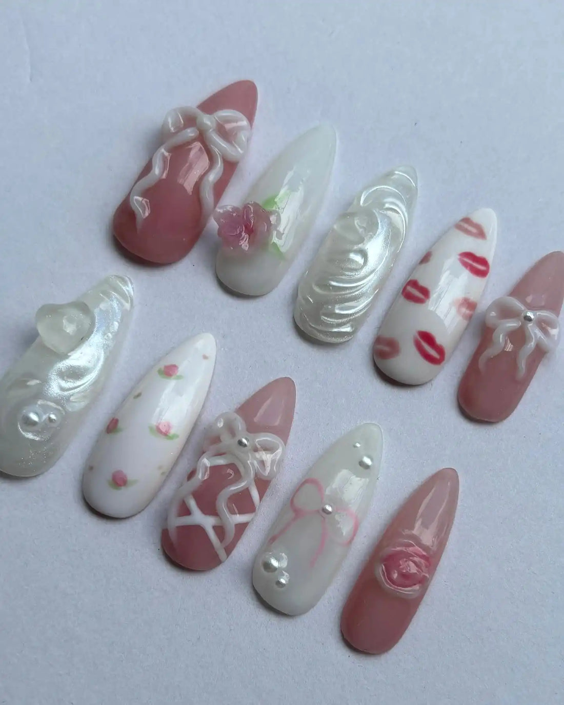 Handmade Pink Bow Rose Lip Print Lace Heart Romance Art Press on Nails F02
