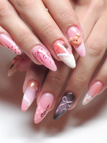 Handmade pink and brown 3D teddy bear bow lace polka dot ribbon press-on nails