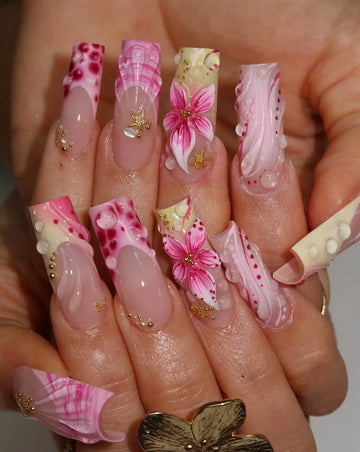 Handmade Pink Bubble Spot 3D Floral Gold Star Kawaii French Press on Nails N89