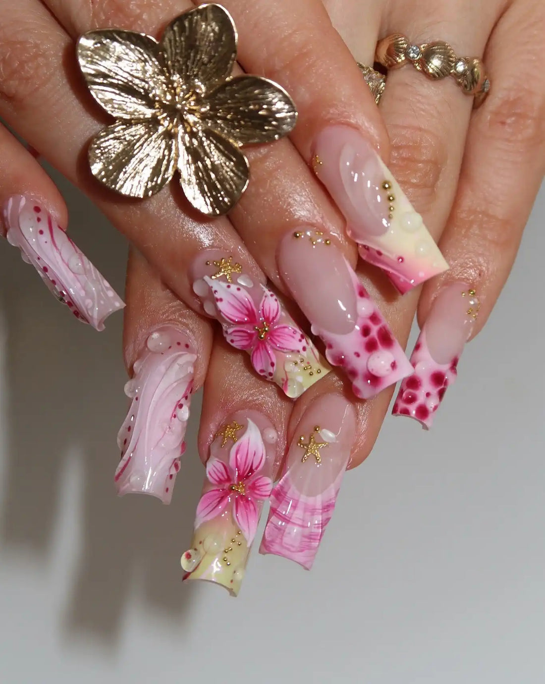 Handmade Pink Bubble Spot 3D Floral Gold Star Kawaii French Press on Nails N89