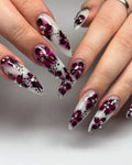 Handmade pink butterfly floral rhinestone press-on nails with elegant long stiletto tips
