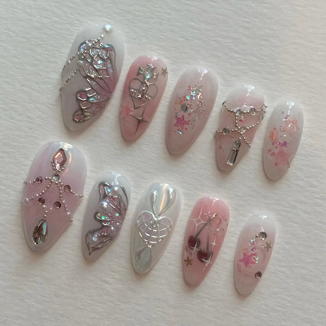 Handmade Pink Butterfly Silver Chrome Cherry Heart Fairy Fake Nails N62