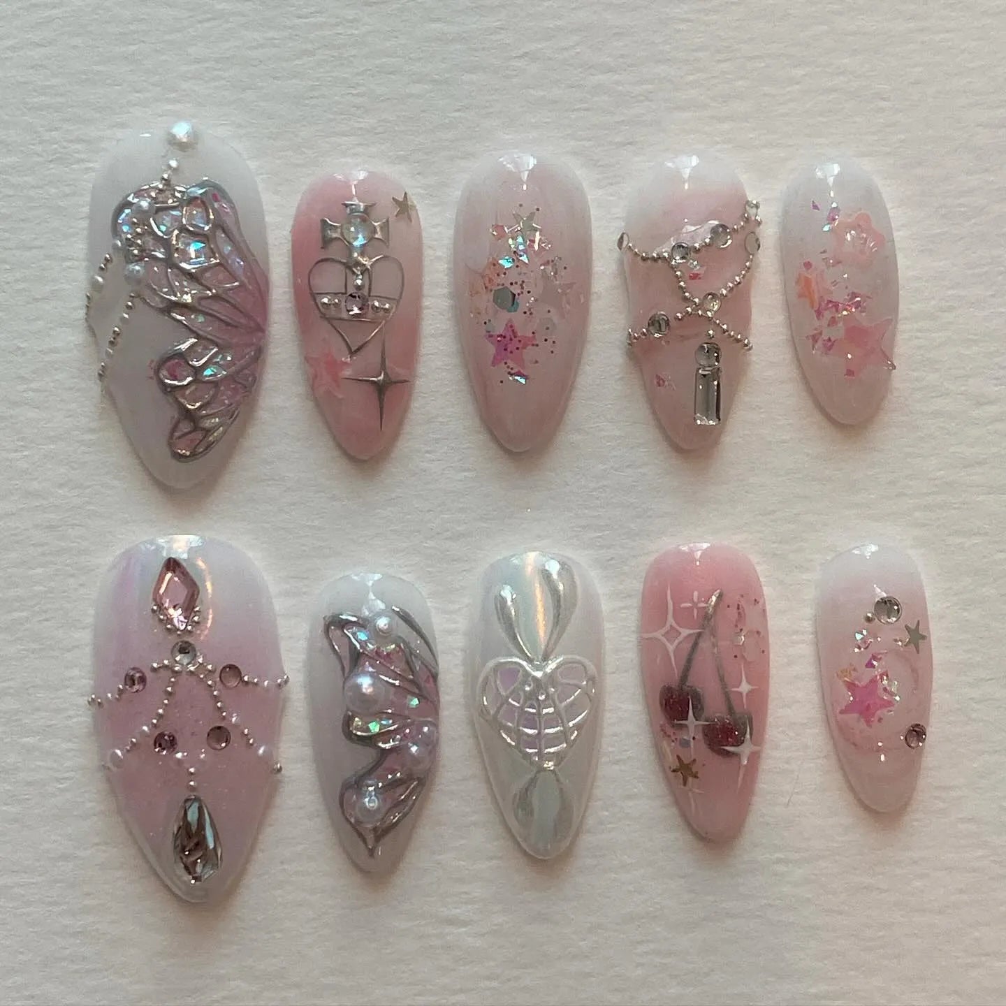 Handmade Pink Butterfly Silver Chrome Cherry Heart Fairy Fake Nails N62