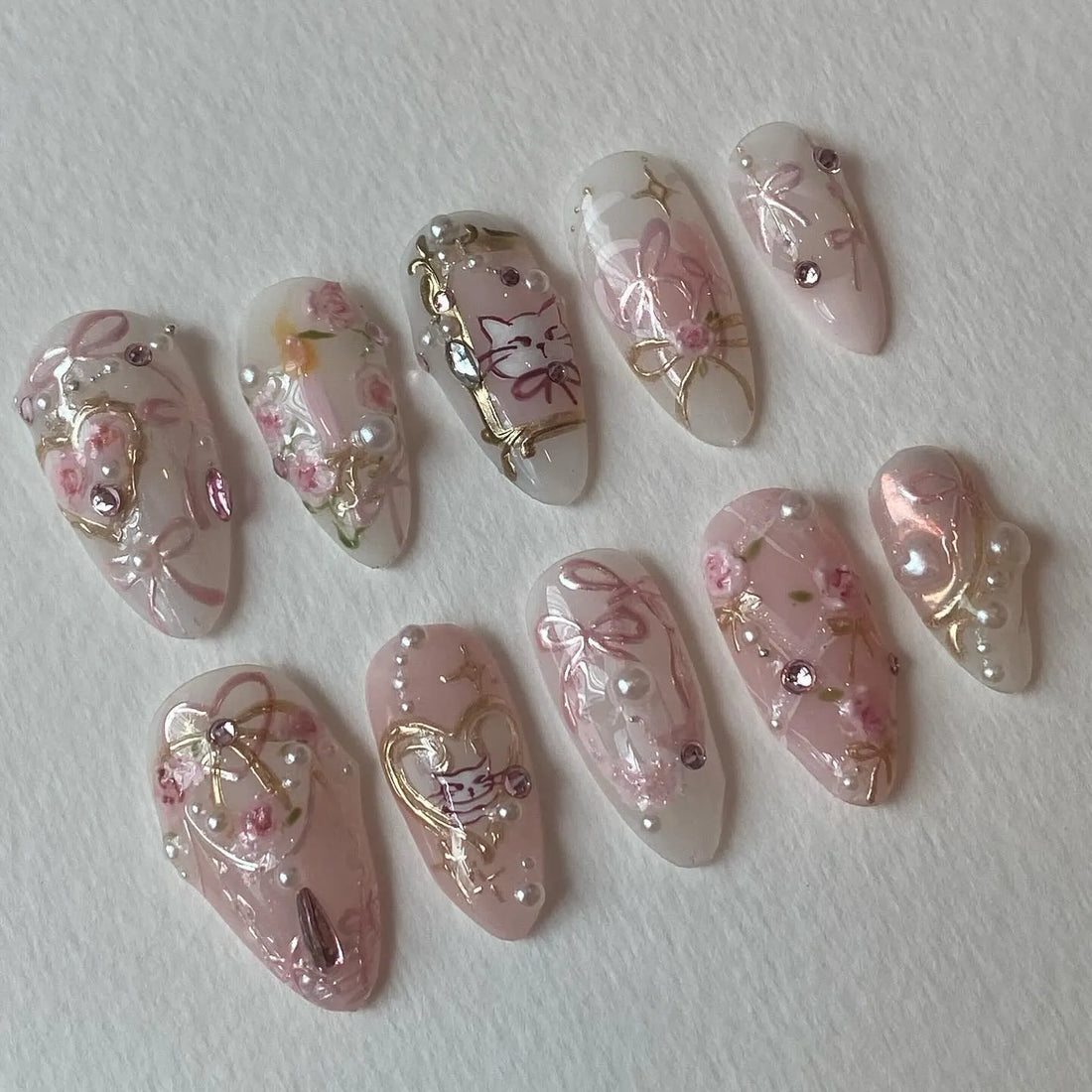 Handmade Pink Cat Gold Frame Pearl Kitten Sweet Valentine Press on Nails A50