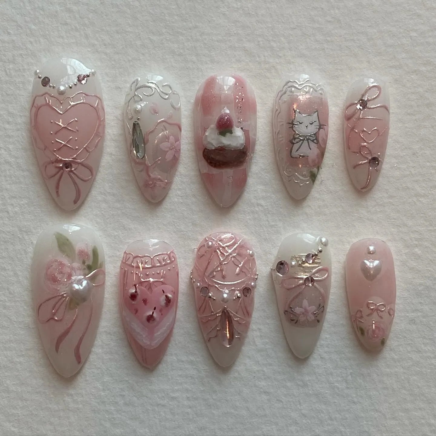 Handmade Pink Cat Cake Lace Bow Heart Sweet Dessert Valentine Press on Nails S88