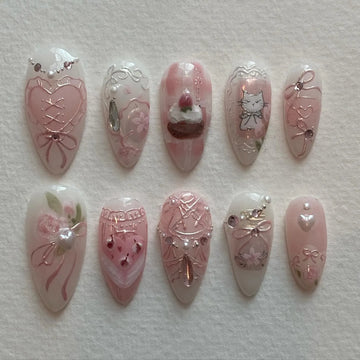 Handmade Pink Cat Cake Lace Bow Heart Sweet Dessert Valentine Press on Nails S88