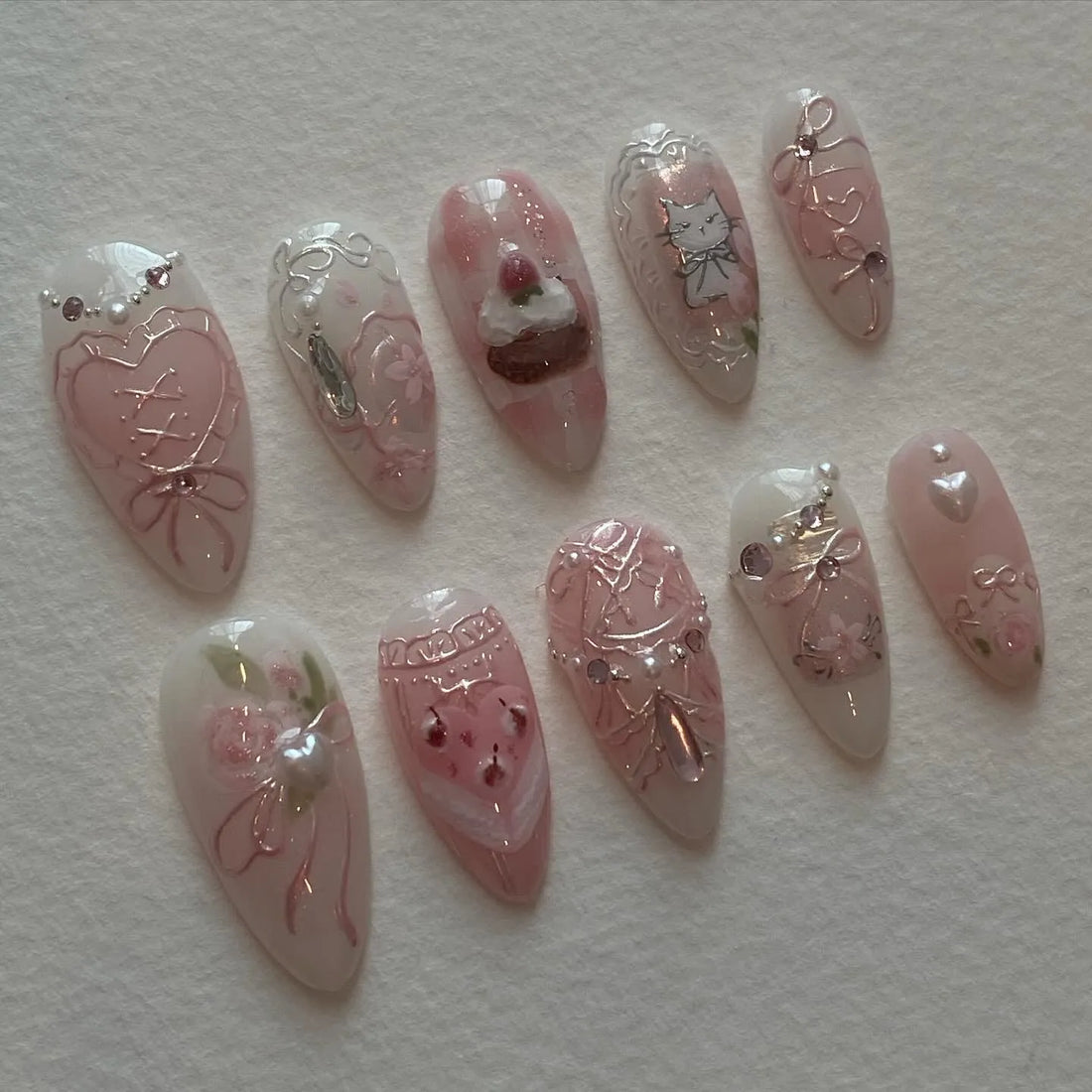 Handmade Pink Cat Cake Lace Bow Heart Sweet Dessert Valentine Press on Nails S88