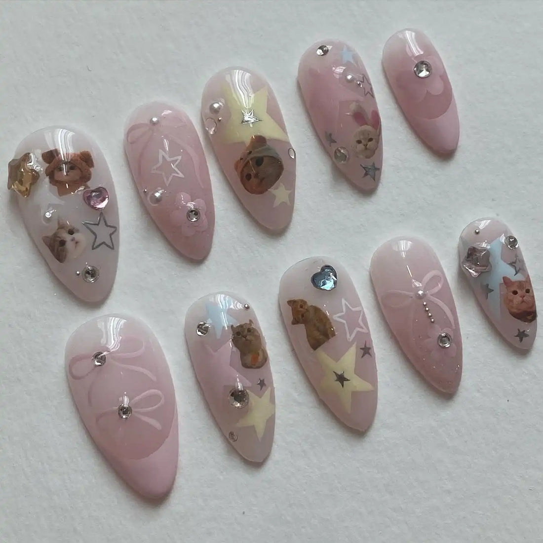 Handmade Pink Cat Star Bow Crystal Kawaii Animal Cute Press on Nails V30