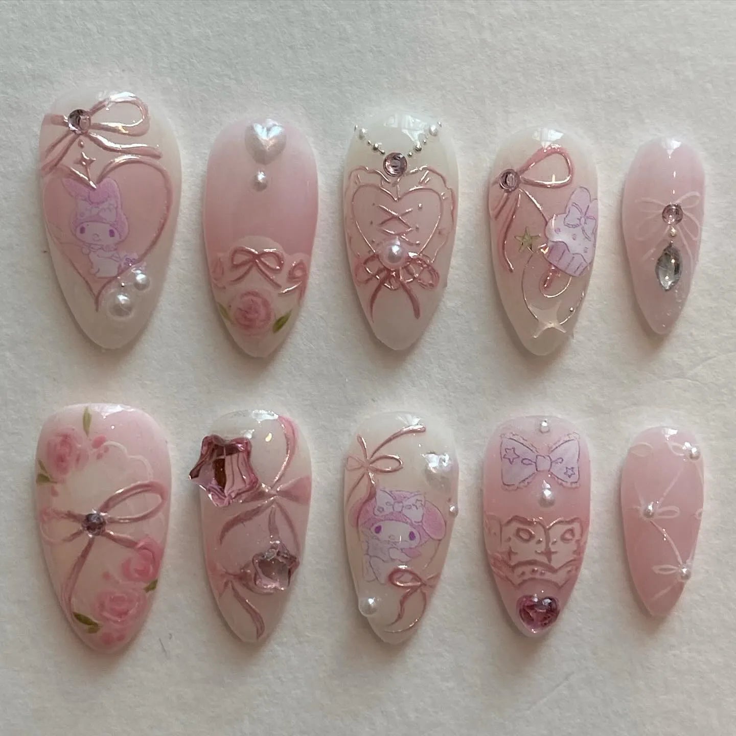Hand-painted Pink Character Bow Laces Roses Kawaii Press on Nails T93