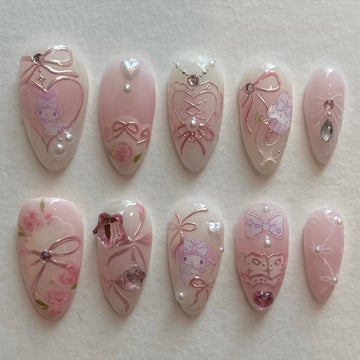 Hand-painted Pink Character Bow Laces Roses Kawaii Press on Nails T93