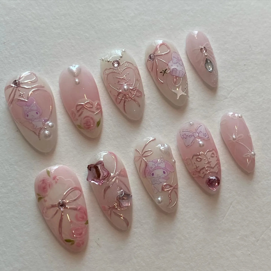 Hand-painted Pink Character Bow Laces Roses Kawaii Press on Nails T93