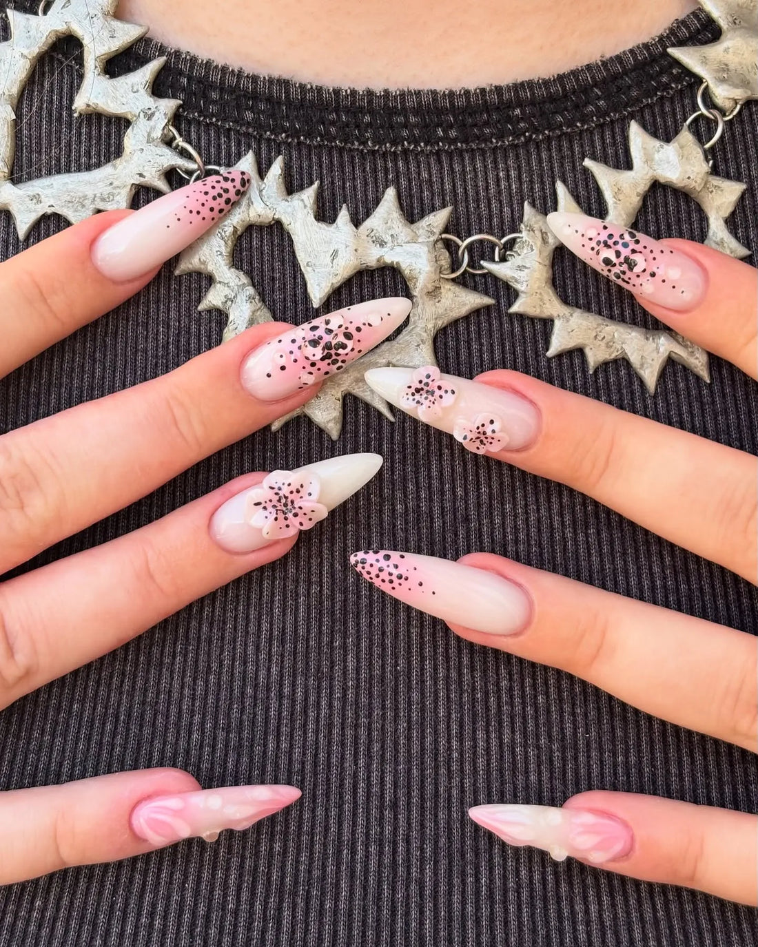 Handmade Pink Cherry Blossom 3D Flower Black Dot Art Fake Nails B34