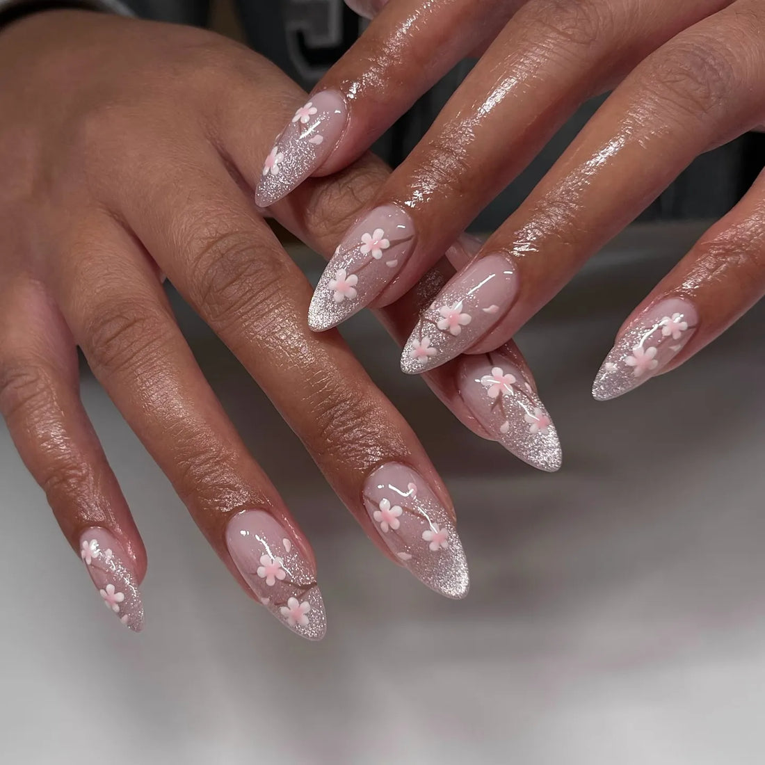 Handmade Pink Cherry Blossom Silver Glitter Ombre Wedding Press on Nails K92