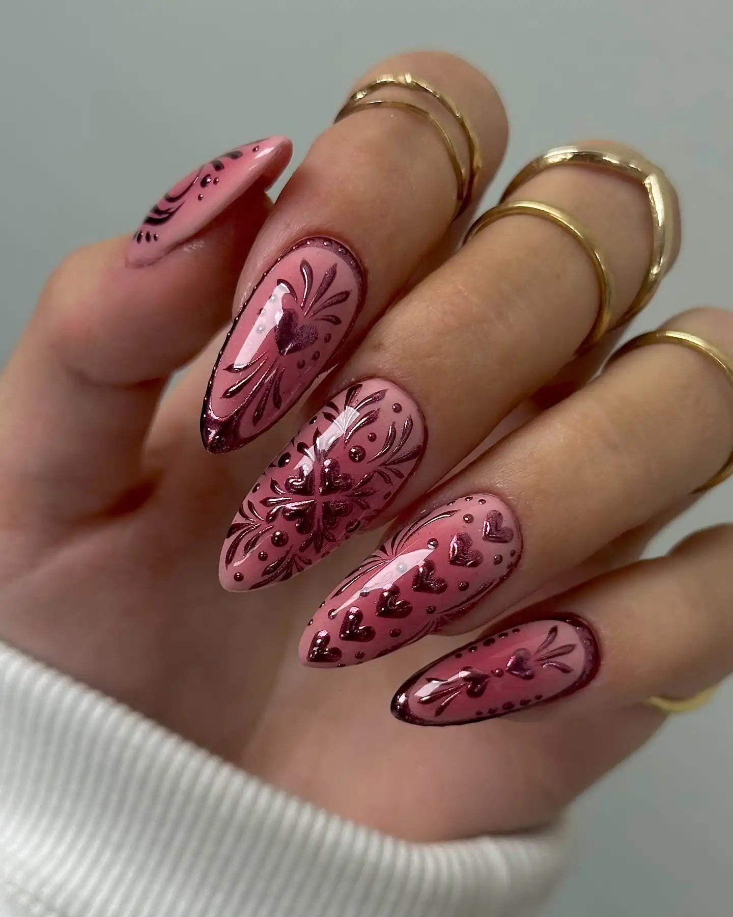 Handmade Pink Chrome Heart Floral Valentine Cute Glamorous Press on Nails A96