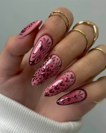 Handmade Pink Chrome Heart Floral Valentine Cute Glamorous Press on Nails A96