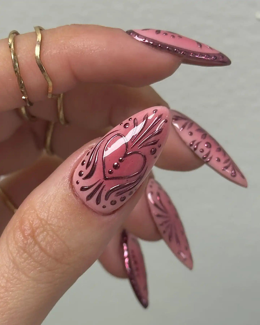 Handmade Pink Chrome Heart Floral Valentine Cute Glamorous Press on Nails A96