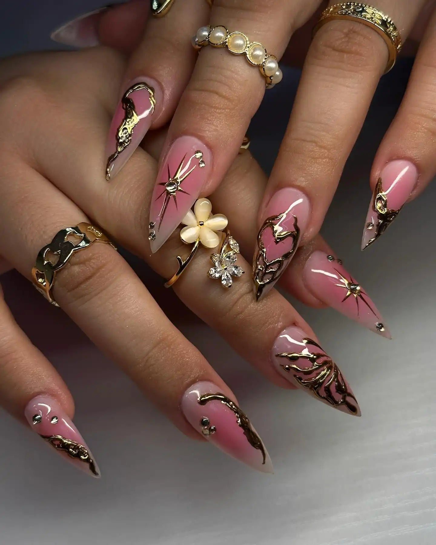 Handmade Pink Chrome Heart and Star with Gold Accents Press on Nails Q51