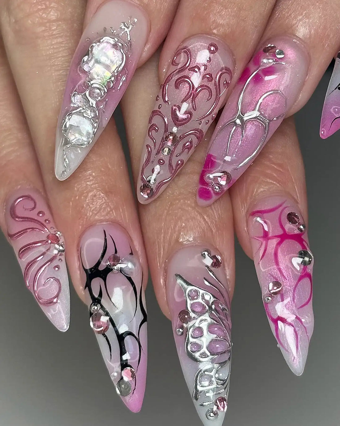 Handmade Pink Chrome Scrollwork Silver Rhinestone Abstract Press on Nails S04