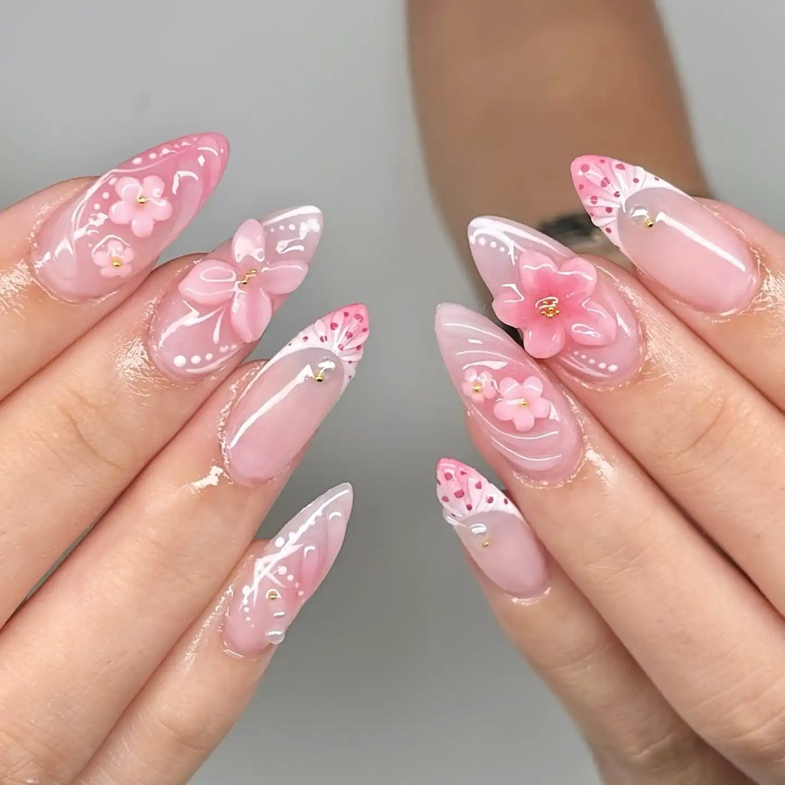 Handmade Pink Floral 3D Blossom Art Romantic Spring Press on Nails F16