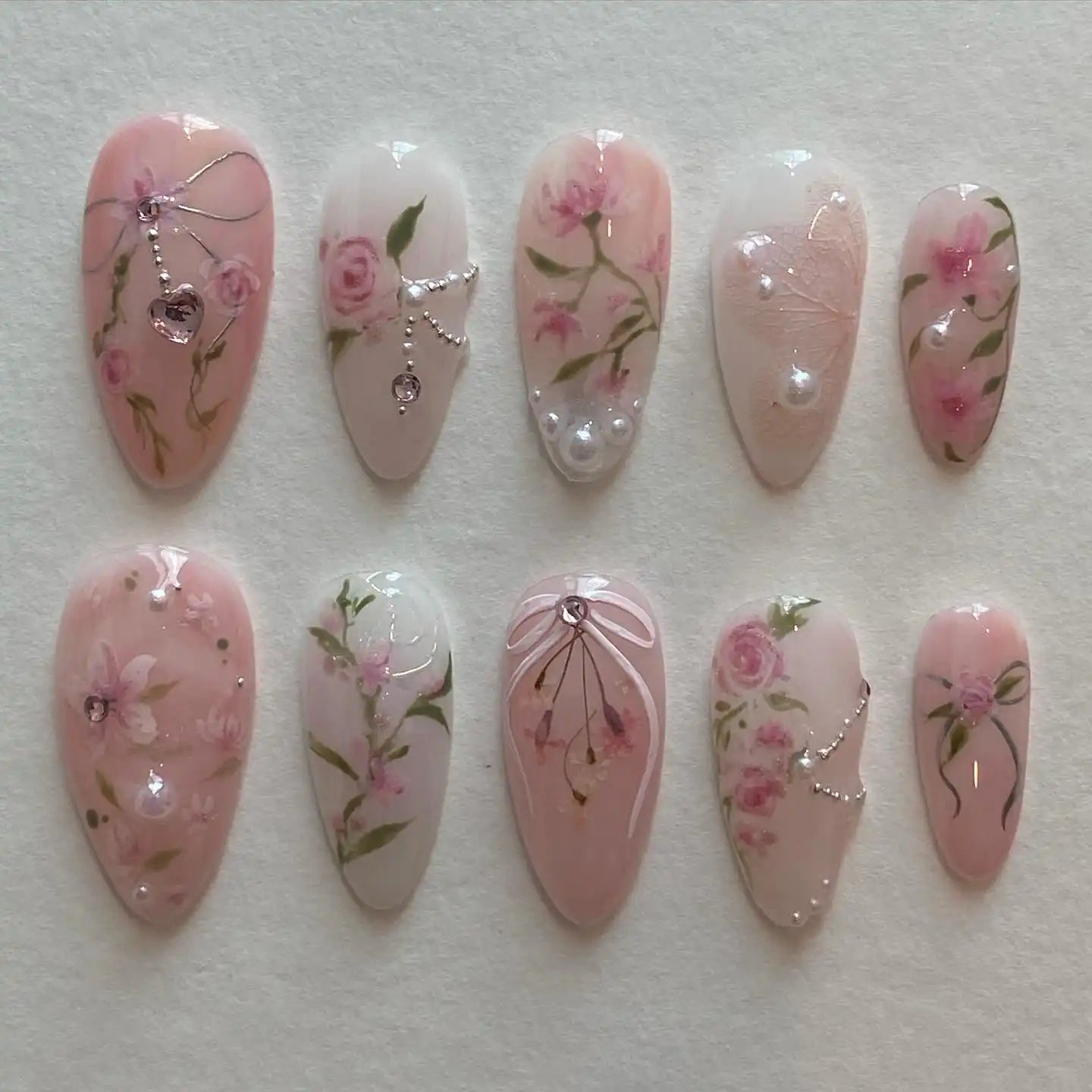 Handmade Pink Floral Bow Crystal Pastel Watercolor Press on Nails G47