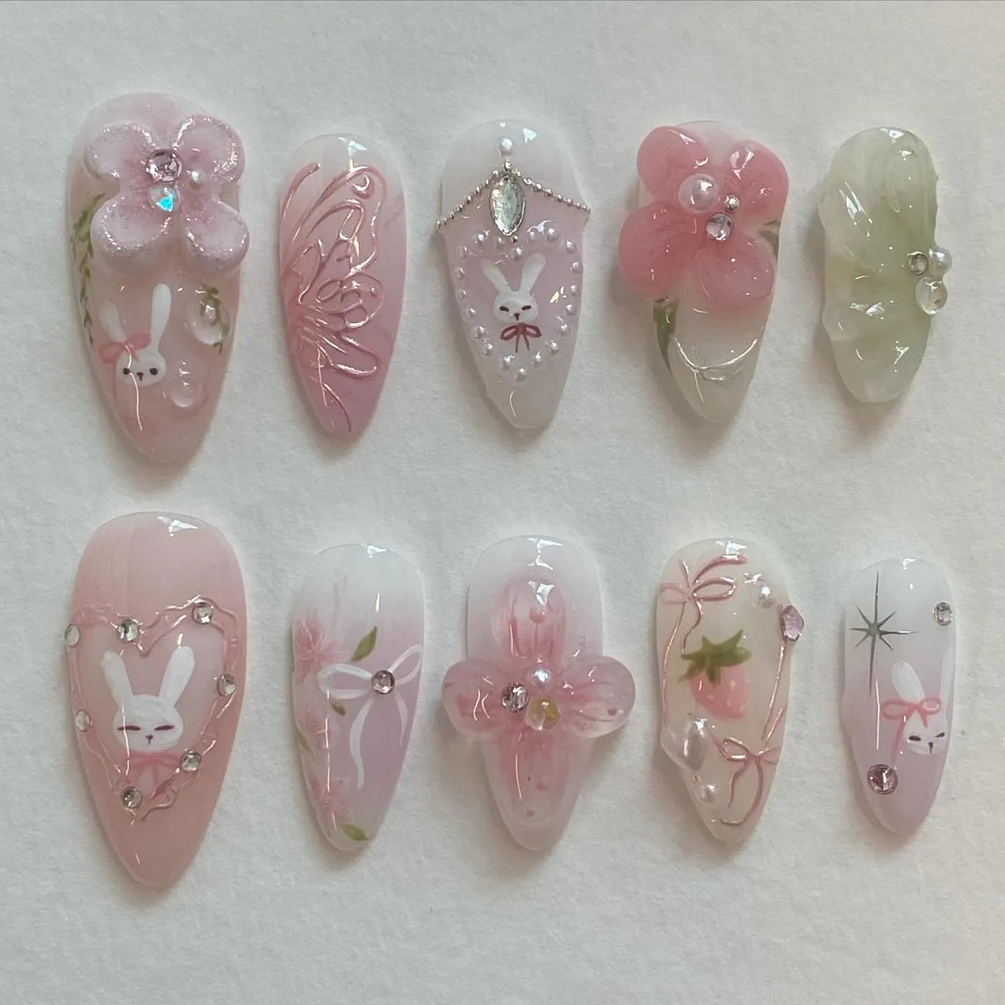 Handmade Pink Floral Bunny Strawberry Bow Rhinestone Sweet Press on Nails D38