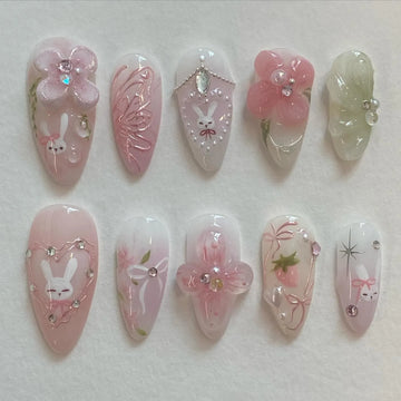 Handmade Pink Floral Bunny Strawberry Bow Rhinestone Sweet Press on Nails D38