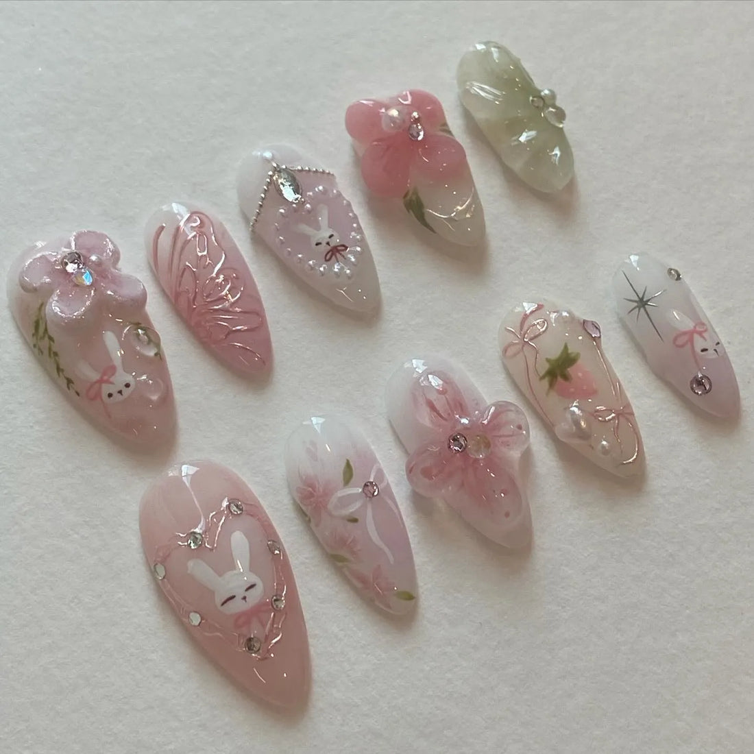 Handmade Pink Floral Bunny Strawberry Bow Rhinestone Sweet Press on Nails D38
