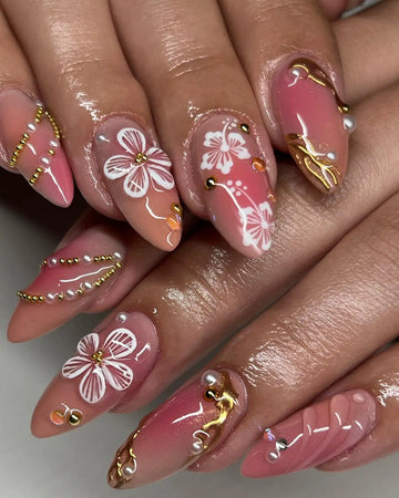 Handmade Pink Floral Gold Pearl Elegant Glossy Spring Press on Nails G03