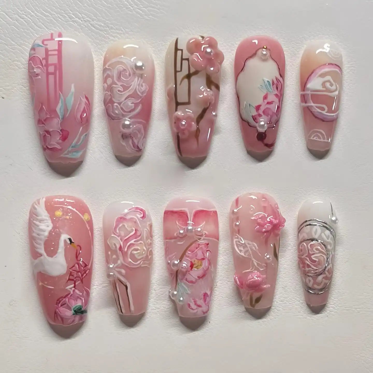 Handmade Pink Floral Oriental Elegant Bridal Press on Nails D22