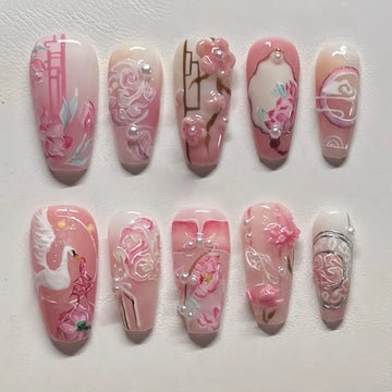 Handmade Pink Floral Oriental Elegant Bridal Press on Nails D22